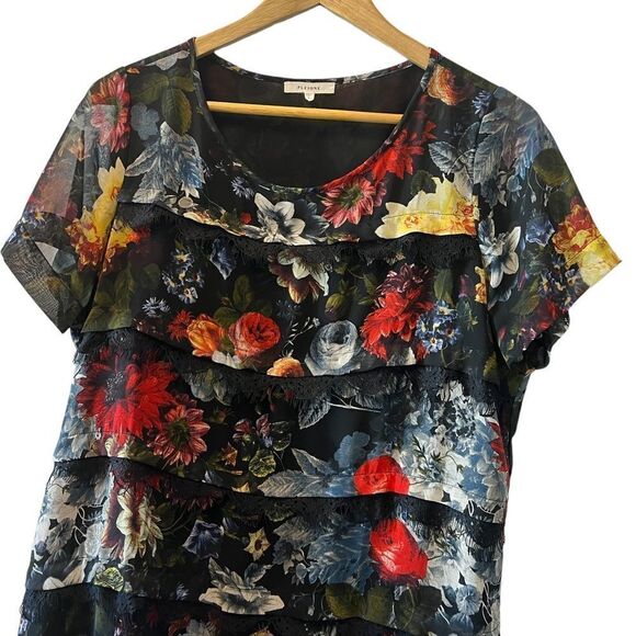 PLEIONE Black Lace Ruffle Floral Scoop Neck Short Sleeve Blouse Top S - Picture 3 of 7